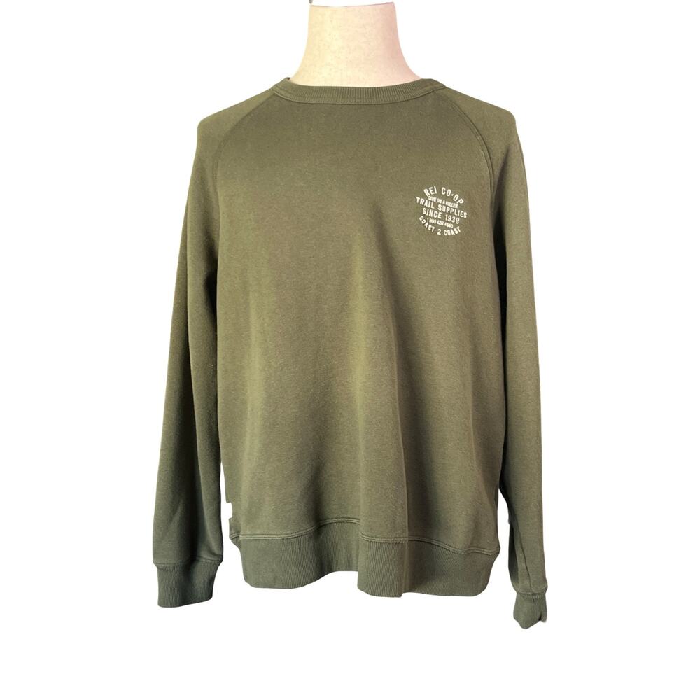 REI Co-op Olive Green Crewneck Sweatshirt Logo Graphic Pullover Fleece L